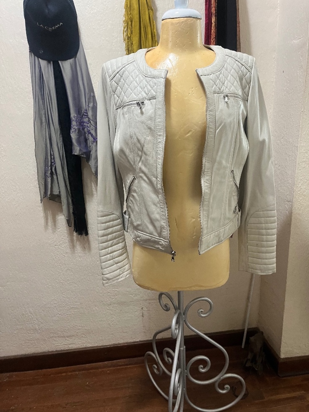 White Leather Jacket with animal print lining
